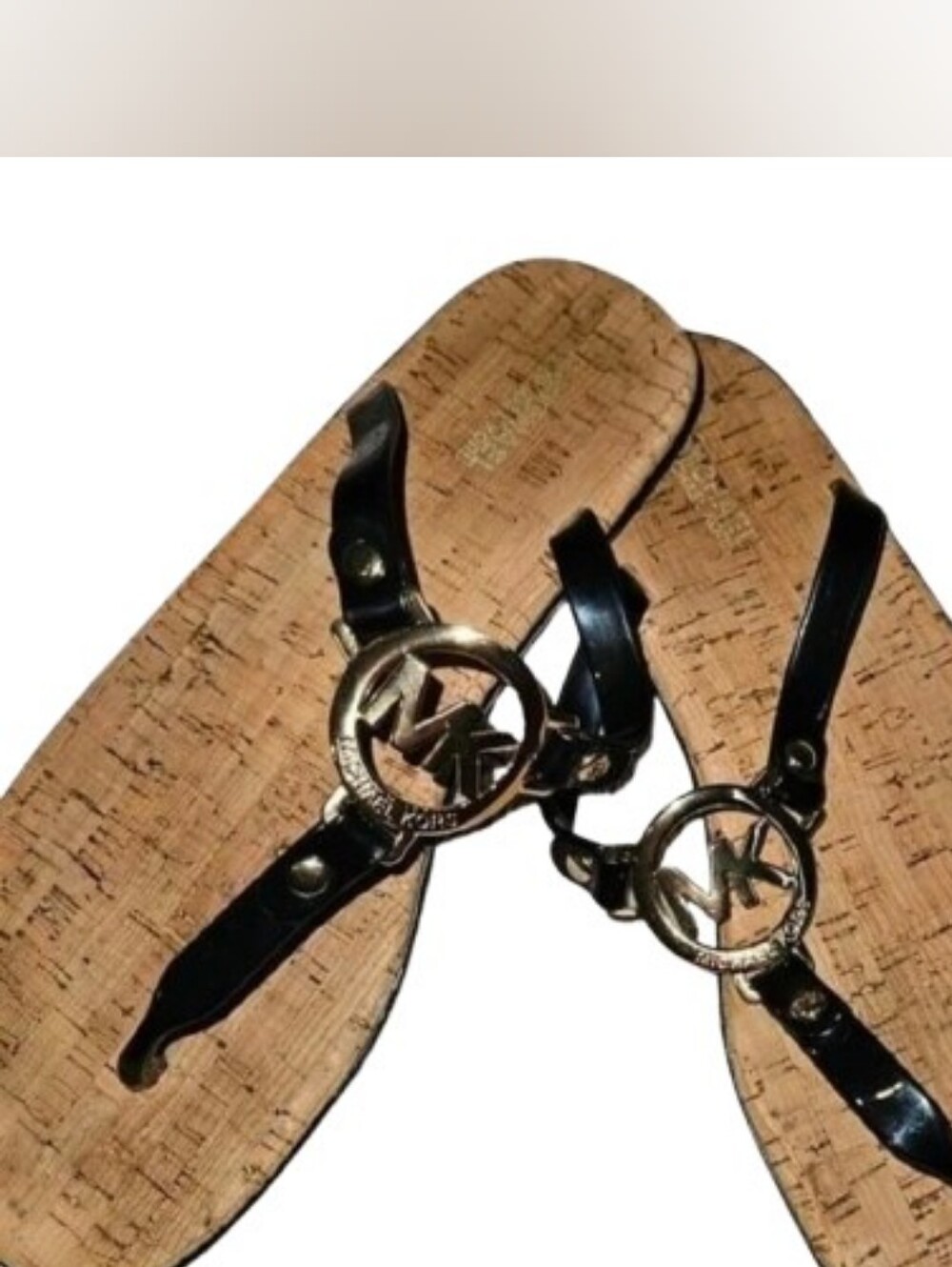 Michael Kors MK Charm Jelly Thong Sandals Black Cork Footbed Gold Logo Women's 8